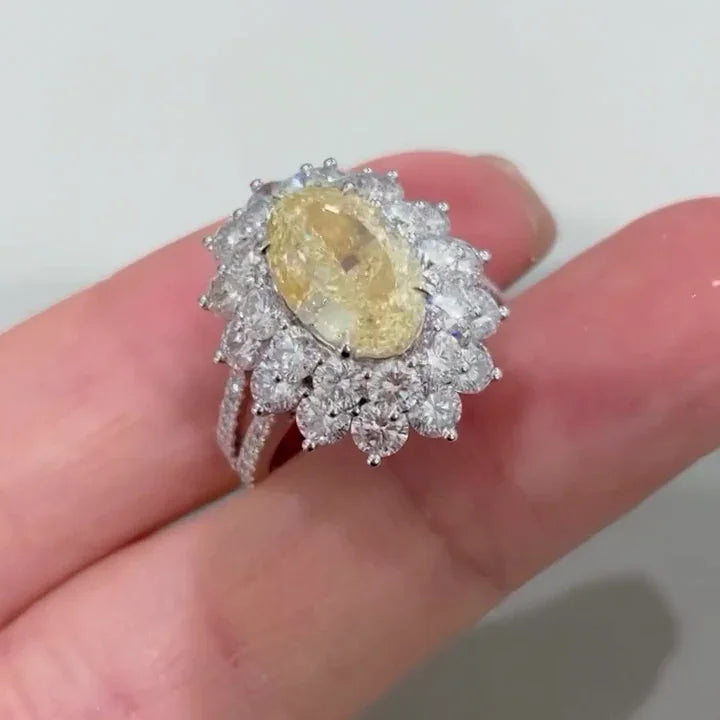 Oval fancy yellow lab grown diamond engagement ring, double halo setting, luxury bridal jewelry, anniversary and promise ring