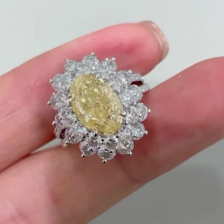 3.00 CT Fancy Yellow Oval Lab Grown Diamond Engagement Ring | Double Halo Ring | IGI Certified 