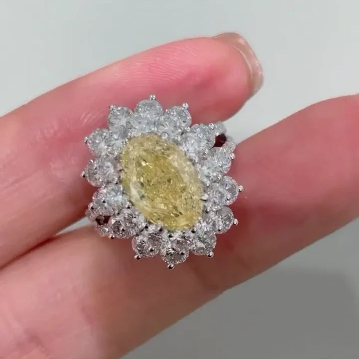 Yellow oval lab created diamond ring, double halo engagement ring, IGI certified bridal jewelry, anniversary gift for her