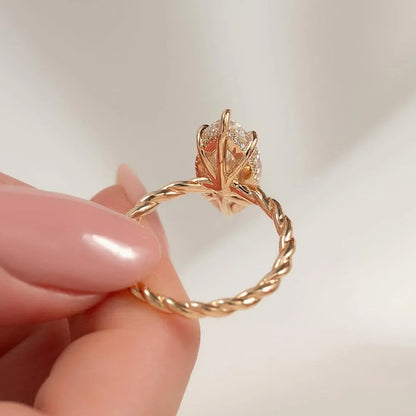 IGI certified marquise cut lab diamond solitaire ring, twisted band design, elegant hidden halo bridal ring for her