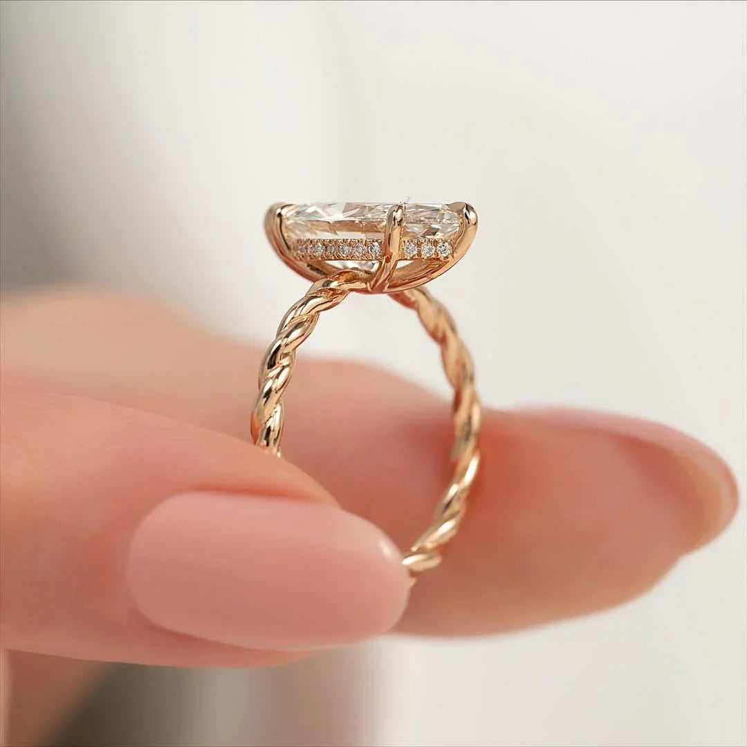 Marquise cut solitaire lab grown diamond ring, twisted shank hidden halo setting, anniversary and wedding jewelry for women