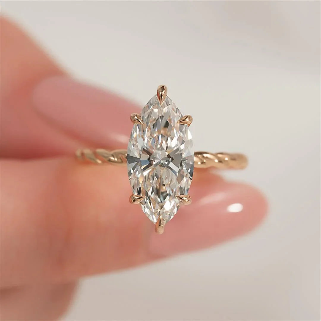 Hidden halo marquise cut lab grown diamond ring, twisted band engagement ring, luxury bridal jewelry, promise ring for women