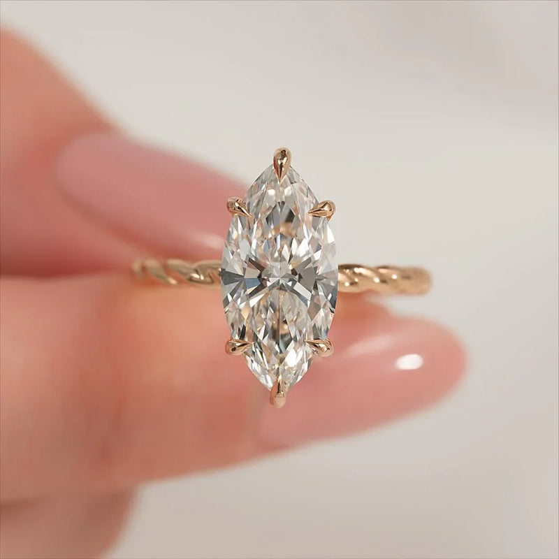 3.00 CT Marquise Cut Lab Grown Diamond Solitaire Ring | IGI Certified | Twisted Band & Hidden Halo