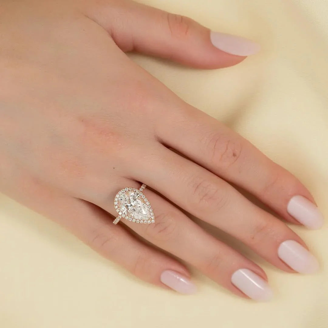 Hidden halo pear cut lab grown diamond ring, pave band solitaire engagement ring, luxury bridal jewelry, promise ring