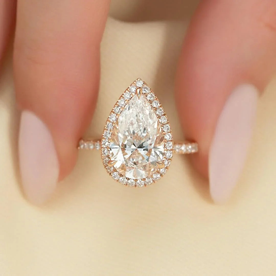 Pear cut lab grown diamond solitaire ring, pave band hidden halo cluster, IGI certified bridal jewelry, luxury engagement ring