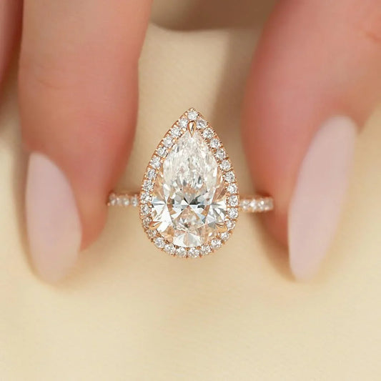 Pear cut lab grown diamond solitaire ring, pave band hidden halo cluster, IGI certified bridal jewelry, luxury engagement ring