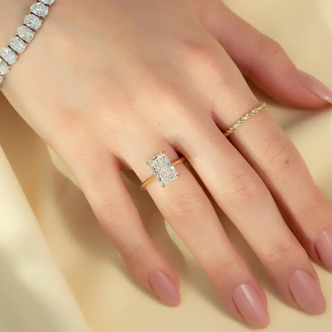 3.00 CT Radiant Cut Lab Grown Diamond Solitaire Ring | Pave Band & Hidden Halo | IGI Certified 