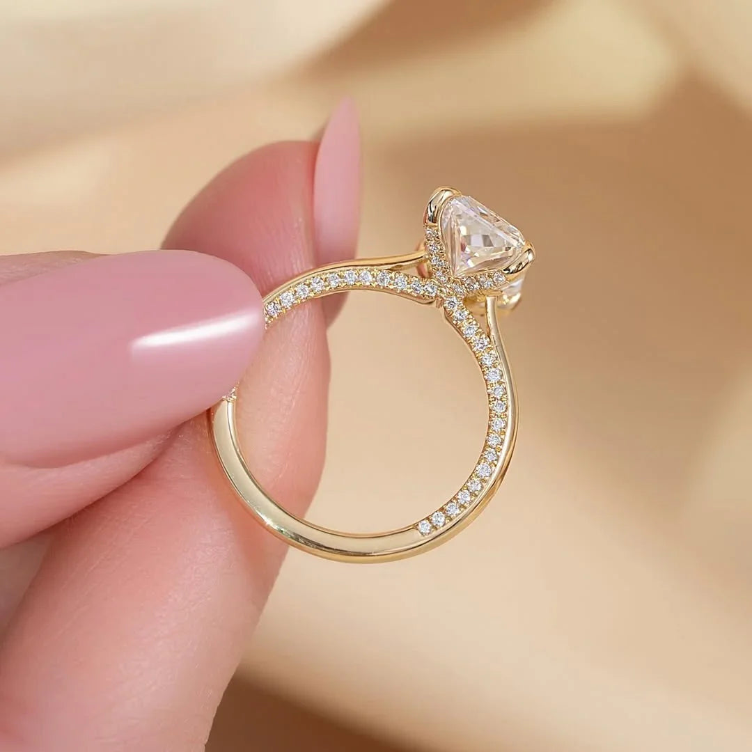 3.00 CT Radiant Cut Lab Grown Diamond Solitaire Ring | Pave Band & Hidden Halo | IGI Certified 