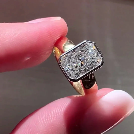 3.00 CT radiant cut lab grown diamond bezel ring, two-tone gold engagement ring, IGI certified solitaire, bridal jewelry, luxury wedding ring