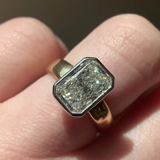 3.00 CT radiant lab grown diamond engagement ring, bezel setting, two-tone gold, IGI certified diamond ring, modern bridal jewelry, wedding ring