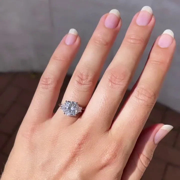 3.00 TCW IGI certified cushion lab grown diamond ring, three stone design trapezoid sides, engagement ring, bridal jewelry, wedding ring for her