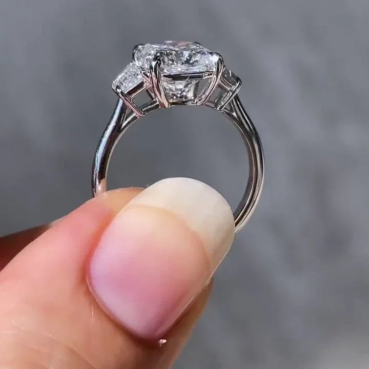 Cushion lab grown diamond 3.00 TCW engagement ring, three stone trapezoid side stones, IGI certified bridal jewelry, luxury promise ring women