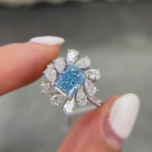 3.00 TCW Fancy Blue Radiant Lab Grown Diamond Engagement Ring | Cluster Ring | IGI Certified 