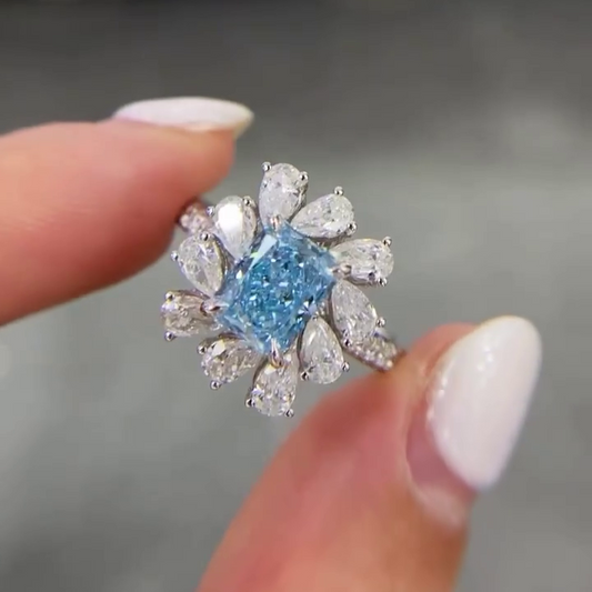 3.00 TCW Fancy Blue Radiant Lab Grown Diamond Engagement Ring | Cluster Ring | IGI Certified 