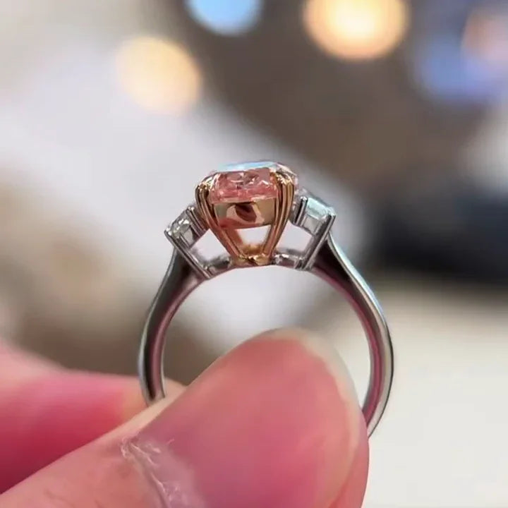 Fancy pink oval 2.50 CT lab grown diamond three stone ring, IGI certified engagement ring, elegant bridal jewelry, romantic wedding ring gift