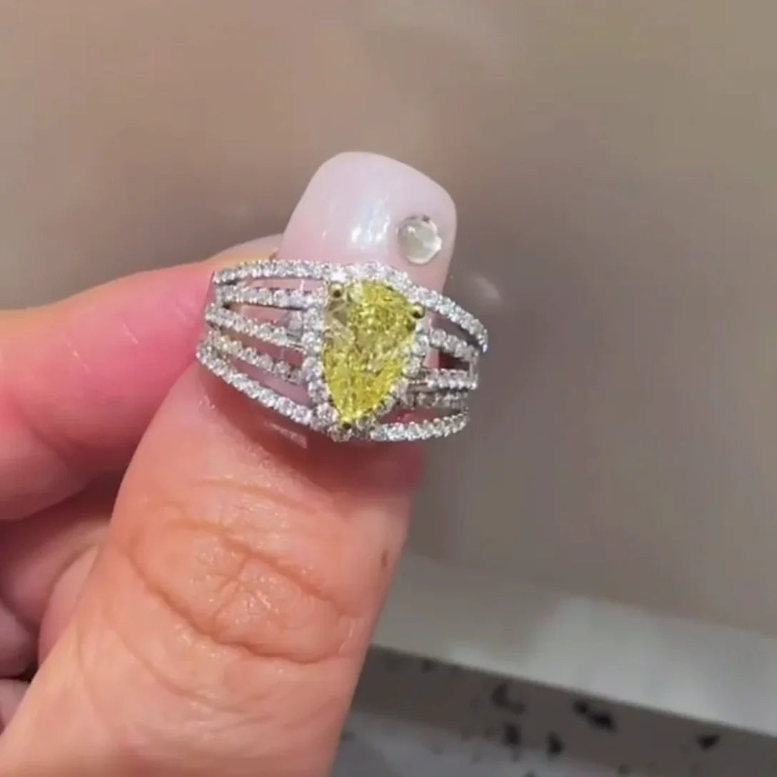 2.00 CT IGI certified fancy yellow pear lab grown diamond ring, pavé split shank engagement ring, bridal jewelry, elegant wedding ring for her