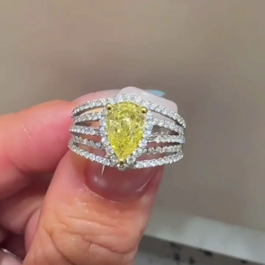 Luxury 2.00 CT fancy yellow pear lab grown diamond ring, pavé split shank band, IGI certified engagement ring, bridal jewelry anniversary gift