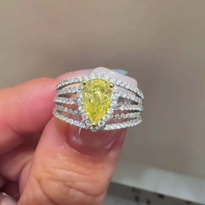 Luxury 2.00 CT fancy yellow pear lab grown diamond ring, pavé split shank band, IGI certified engagement ring, bridal jewelry anniversary gift