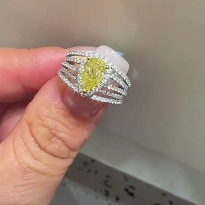 3.00 TCW Fancy Yellow Pear Shape Lab Grown Diamond Engagement Ring | Pavé Split Shank Band | IGI Certified 