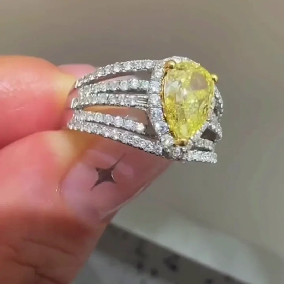 3.00 TCW Fancy Yellow Pear Shape Lab Grown Diamond Engagement Ring | Pavé Split Shank Band | IGI Certified 
