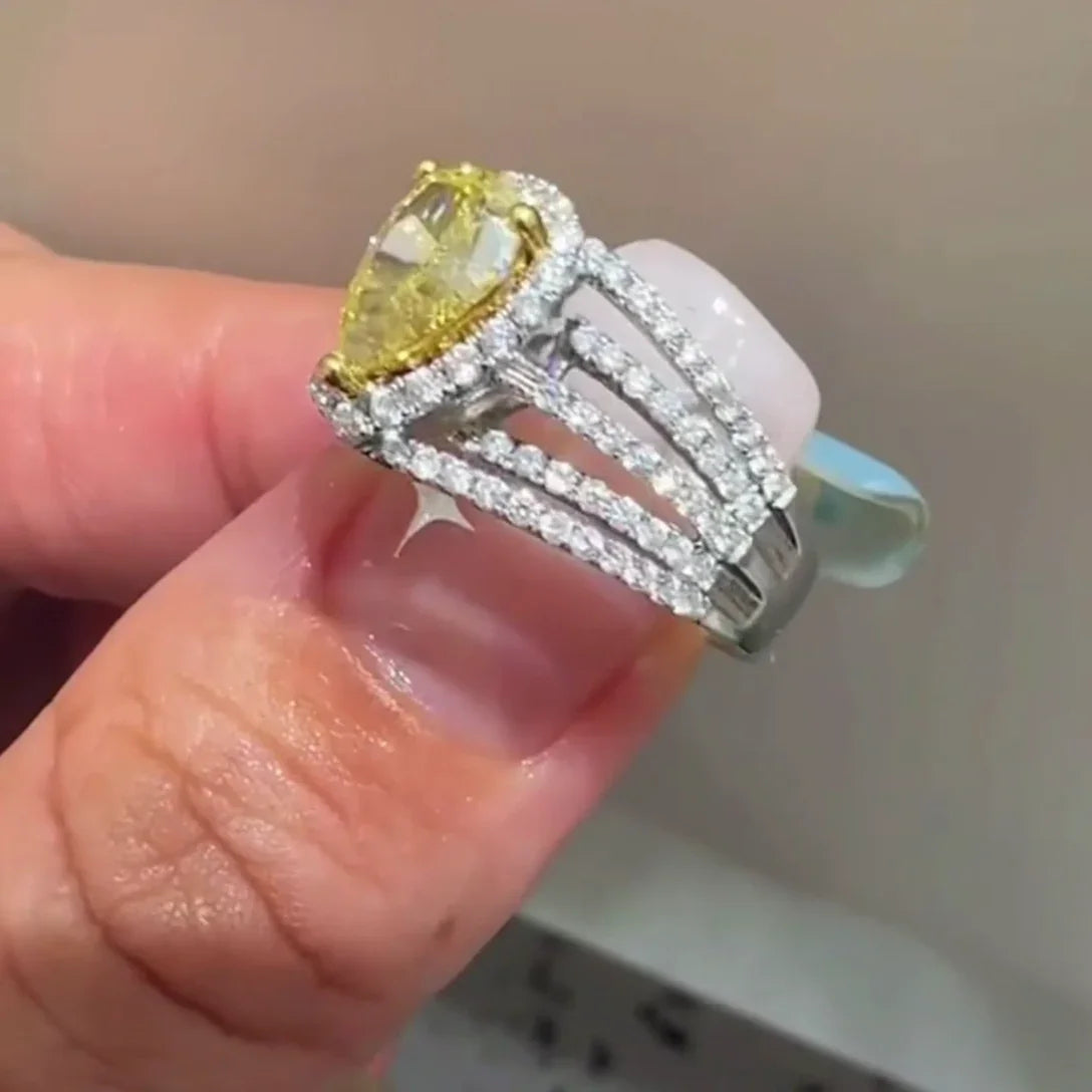 3.00 TCW Fancy Yellow Pear Shape Lab Grown Diamond Engagement Ring | Pavé Split Shank Band | IGI Certified 