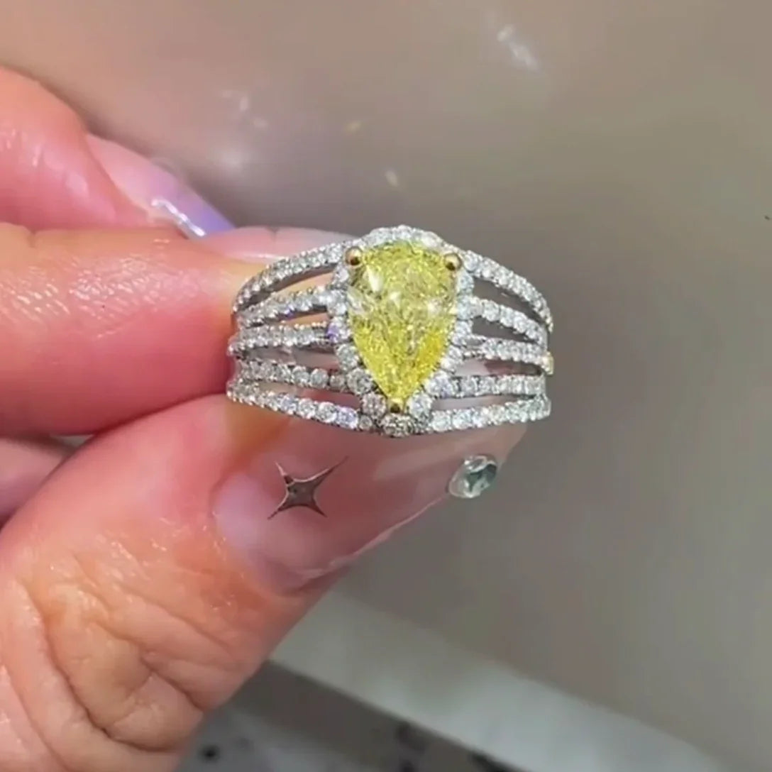 3.00 TCW Fancy Yellow Pear Shape Lab Grown Diamond Engagement Ring | Pavé Split Shank Band | IGI Certified 