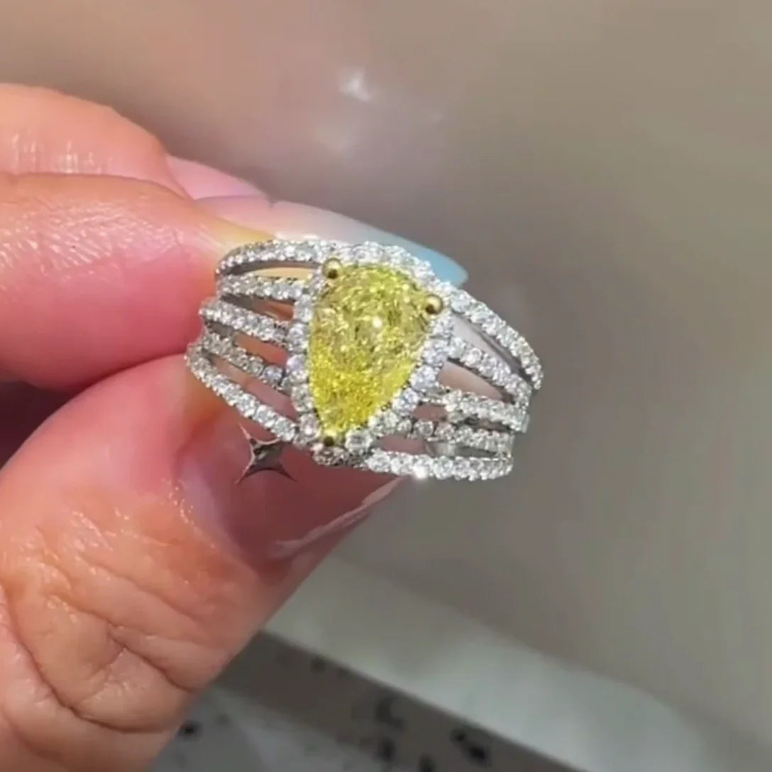 Fancy yellow pear 2.00 CT lab grown diamond ring, pavé split shank band, IGI certified engagement ring, luxury bridal jewelry, wedding gift