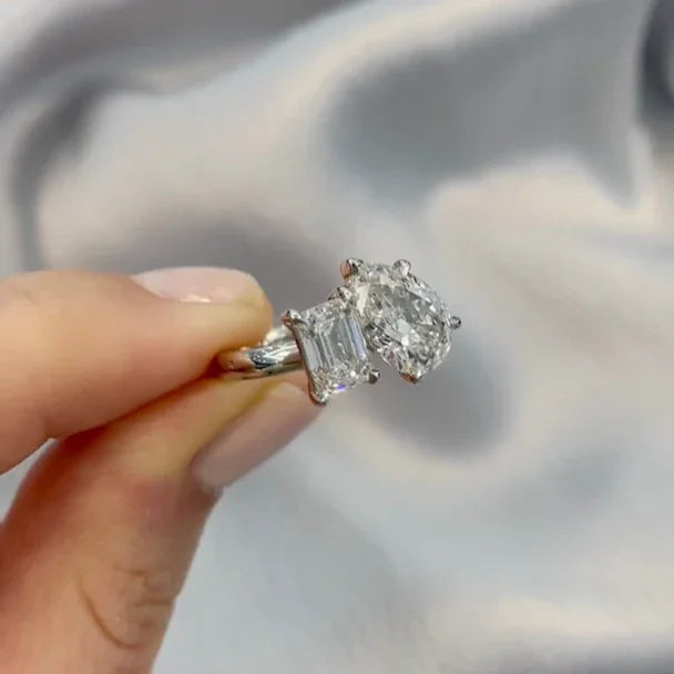 Luxury 3.00 TCW pear and emerald lab grown diamond engagement ring, Toi Et Moi setting, IGI certified, bridal jewelry, anniversary gift ring