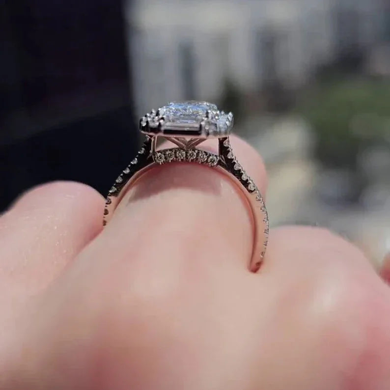 Luxury 2.50 CT radiant lab grown diamond rose gold halo ring, IGI certified engagement ring, cathedral setting bridal jewelry, anniversary gift