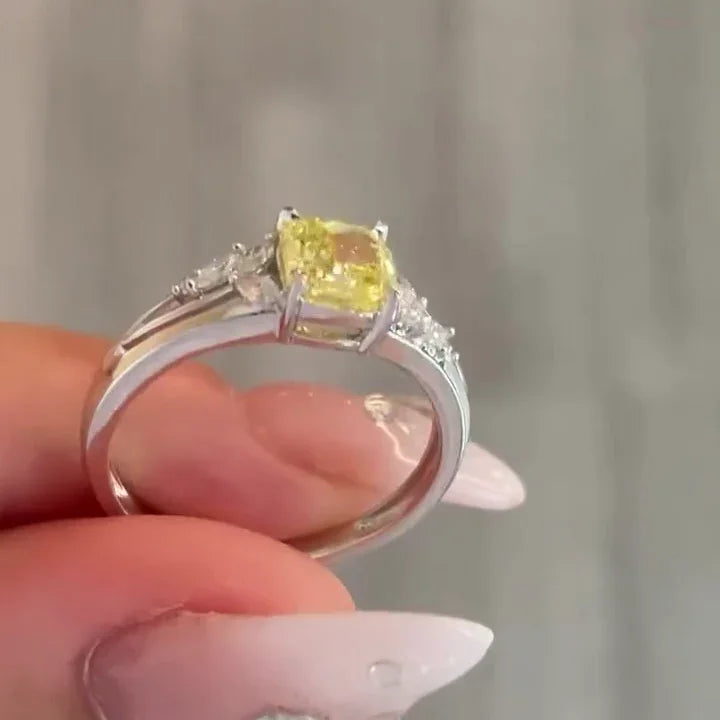 Cushion cut 3.00ct fancy yellow lab grown diamond ring, split shank side stone design, IGI certified engagement ring, bridal jewelry gift ring