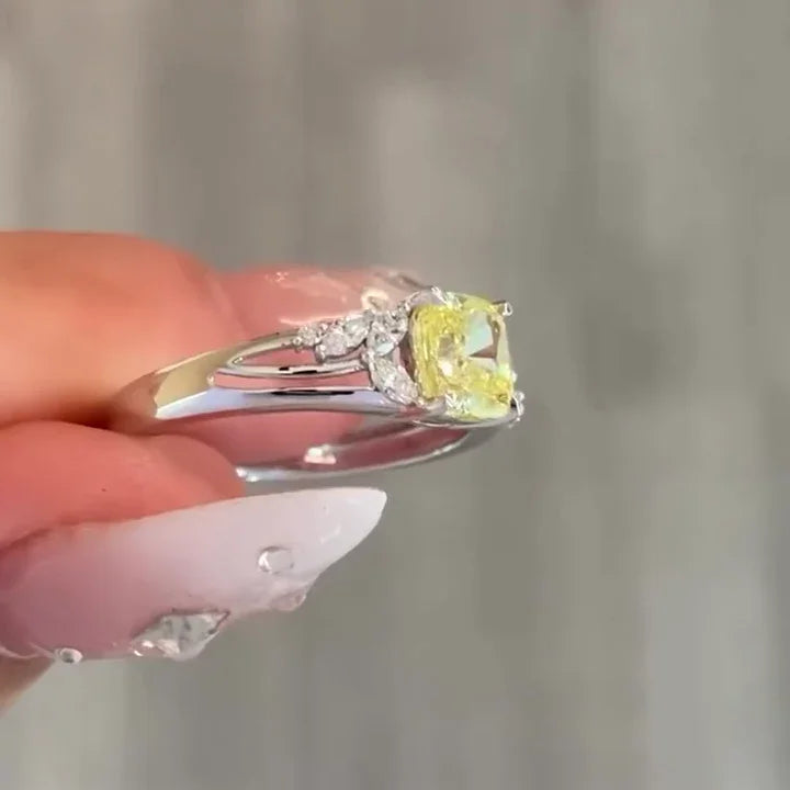 3.00ct Fancy Yellow Cushion Lab Grown Diamond Engagement Ring | Split Shank Side Stone Setting | IGI Certified 