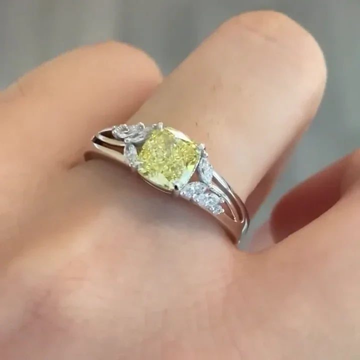 3.00ct Fancy Yellow Cushion Lab Grown Diamond Engagement Ring | Split Shank Side Stone Setting | IGI Certified 