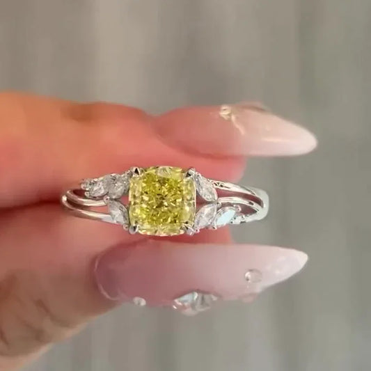 3.00ct fancy yellow cushion lab grown diamond engagement ring, split shank side stone setting, IGI certified ring, bridal jewelry, wedding ring