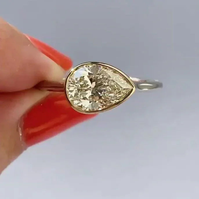 3.00ct Pear Fancy Yellow Lab Grown Diamond Engagement Ring | East West Bezel Setting | IGI Certified 