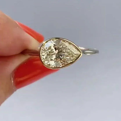 3.00ct Pear Fancy Yellow Lab Grown Diamond Engagement Ring | East West Bezel Setting | IGI Certified 