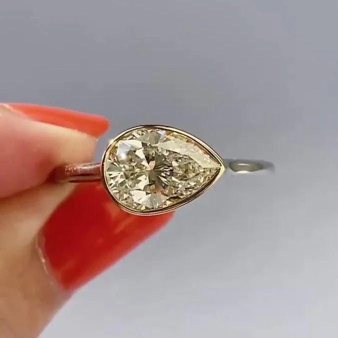 3.00ct Pear Fancy Yellow Lab Grown Diamond Engagement Ring | East West Bezel Setting | IGI Certified