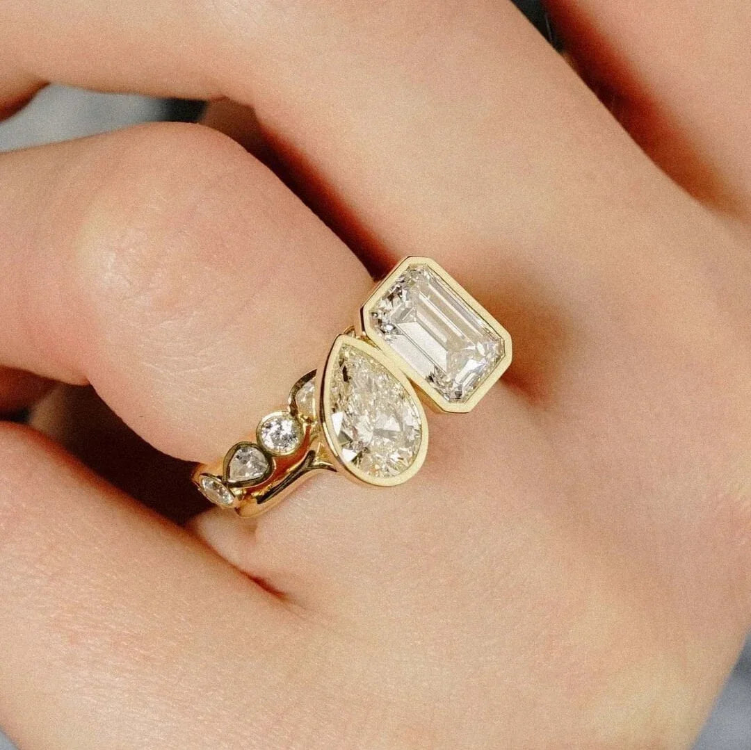 3.00TCW Emerald and Pear Toi Et Moi Lab Grown Diamond Engagement Ring | Bezel Setting | 14K/18K Gold | IGI Certified 