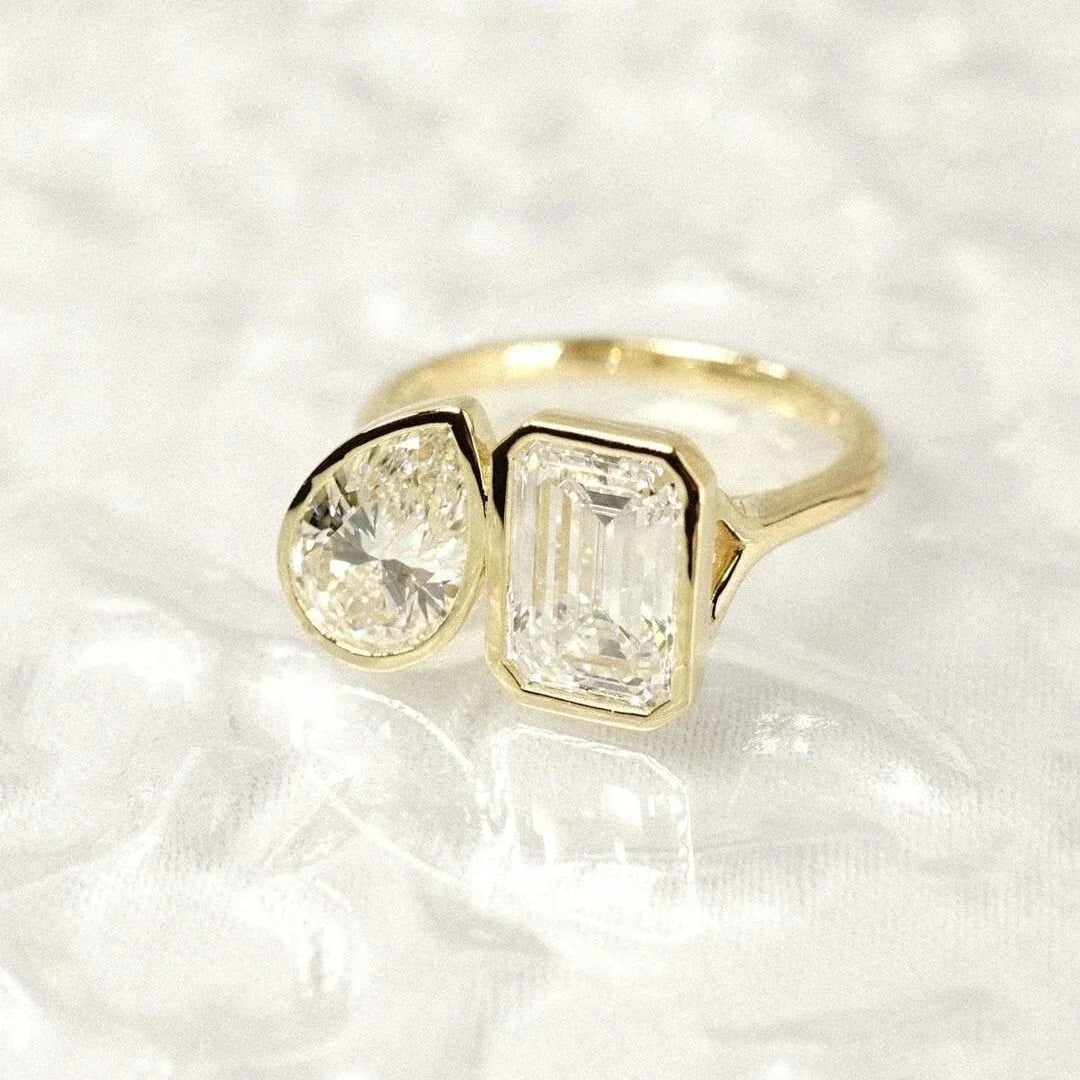 3.00TCW Emerald and Pear Toi Et Moi Lab Grown Diamond Engagement Ring | Bezel Setting | 14K/18K Gold | IGI Certified 
