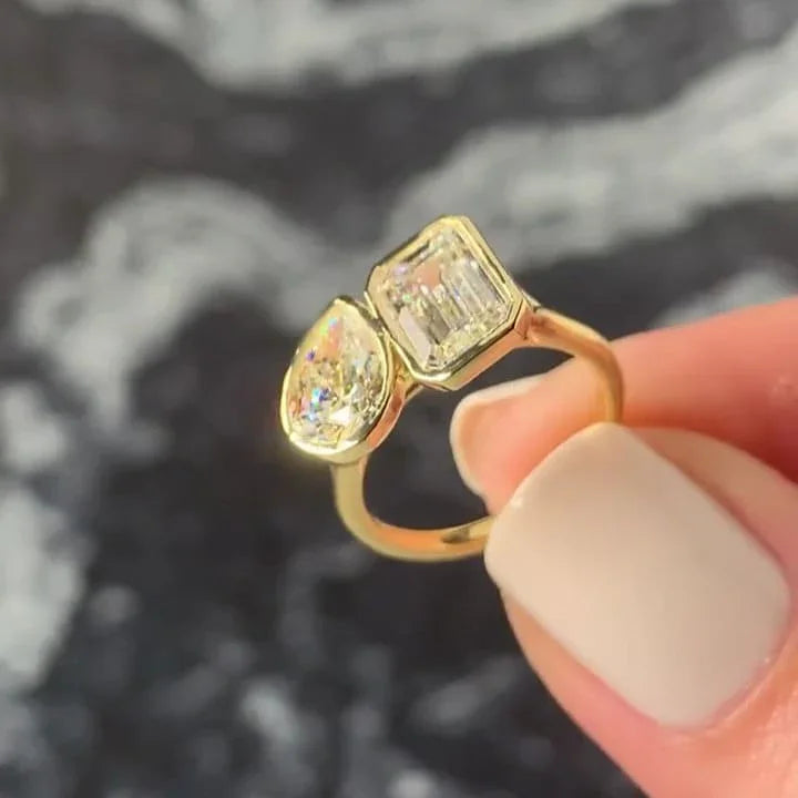 3.00TCW Emerald and Pear Toi Et Moi Lab Grown Diamond Engagement Ring | Bezel Setting | 14K/18K Gold | IGI Certified 