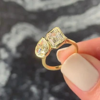 3.00TCW Emerald and Pear Toi Et Moi Lab Grown Diamond Engagement Ring | Bezel Setting | 14K/18K Gold | IGI Certified 