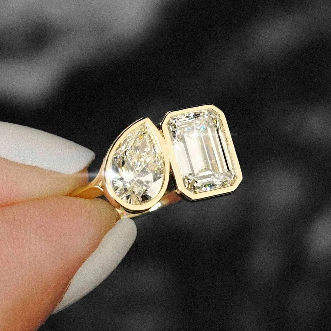 3.00TCW Emerald and Pear Toi Et Moi Lab Grown Diamond Engagement Ring | Bezel Setting | 14K/18K Gold | IGI Certified 