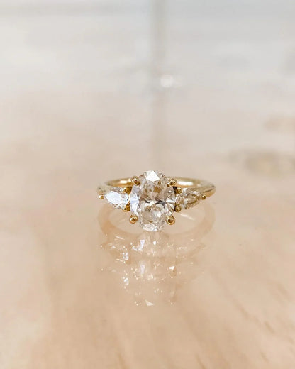 3.0ct oval lab grown diamond engagement ring with pear side stones, elegant minimalist wedding ring IGI certified classic bridal gift for women