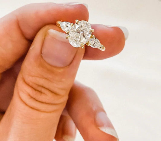 3.0ct oval lab grown diamond engagement ring with pear side stones, minimalist classic wedding ring, bridal jewelry IGI certified gift for her women