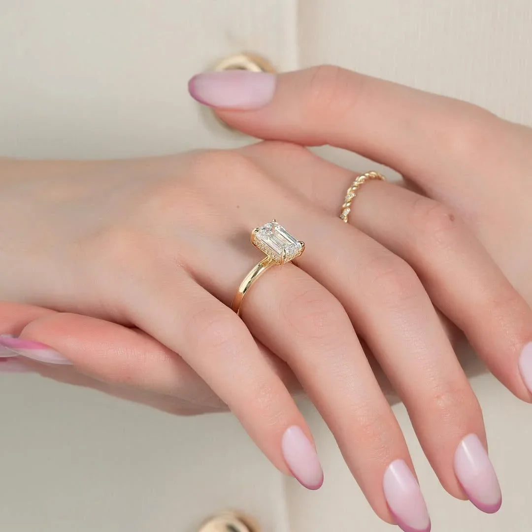 3.0ct Emerald Cut Lab Grown Diamond Solitaire Ring With Hidden Halo 
