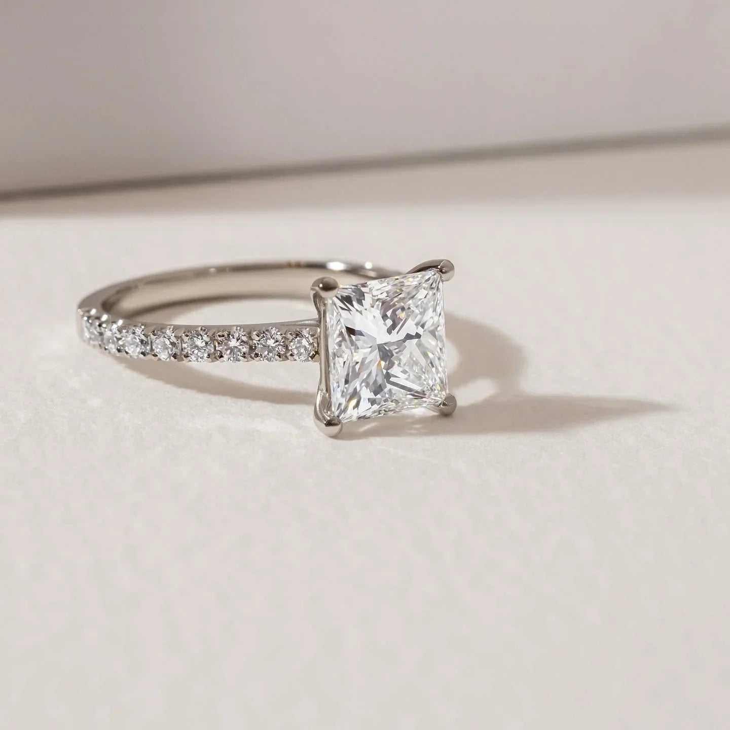 3.0ct princess lab grown diamond engagement ring pave band setting IGI certified wedding ring bridal jewelry luxury minimalist elegant style ring