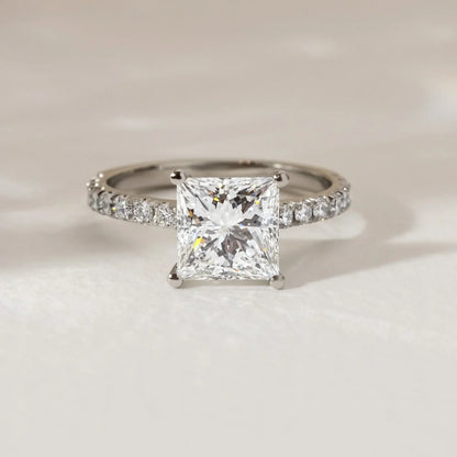 3.0ct Princess Lab Grown Diamond Engagement Ring | Pave Band Setting | IGI Certified 