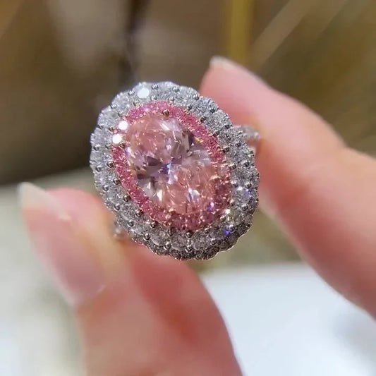 3.15 tcw fancy pink oval lab grown diamond engagement ring double halo IGI certified bridal jewelry wedding ring luxury gift for her women