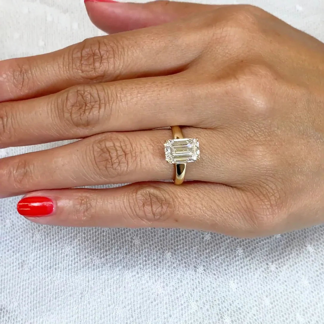 3.10 CT emerald cut lab grown diamond ring hidden halo tapered band engagement ring IGI certified wedding ring bridal jewelry luxury elegant design