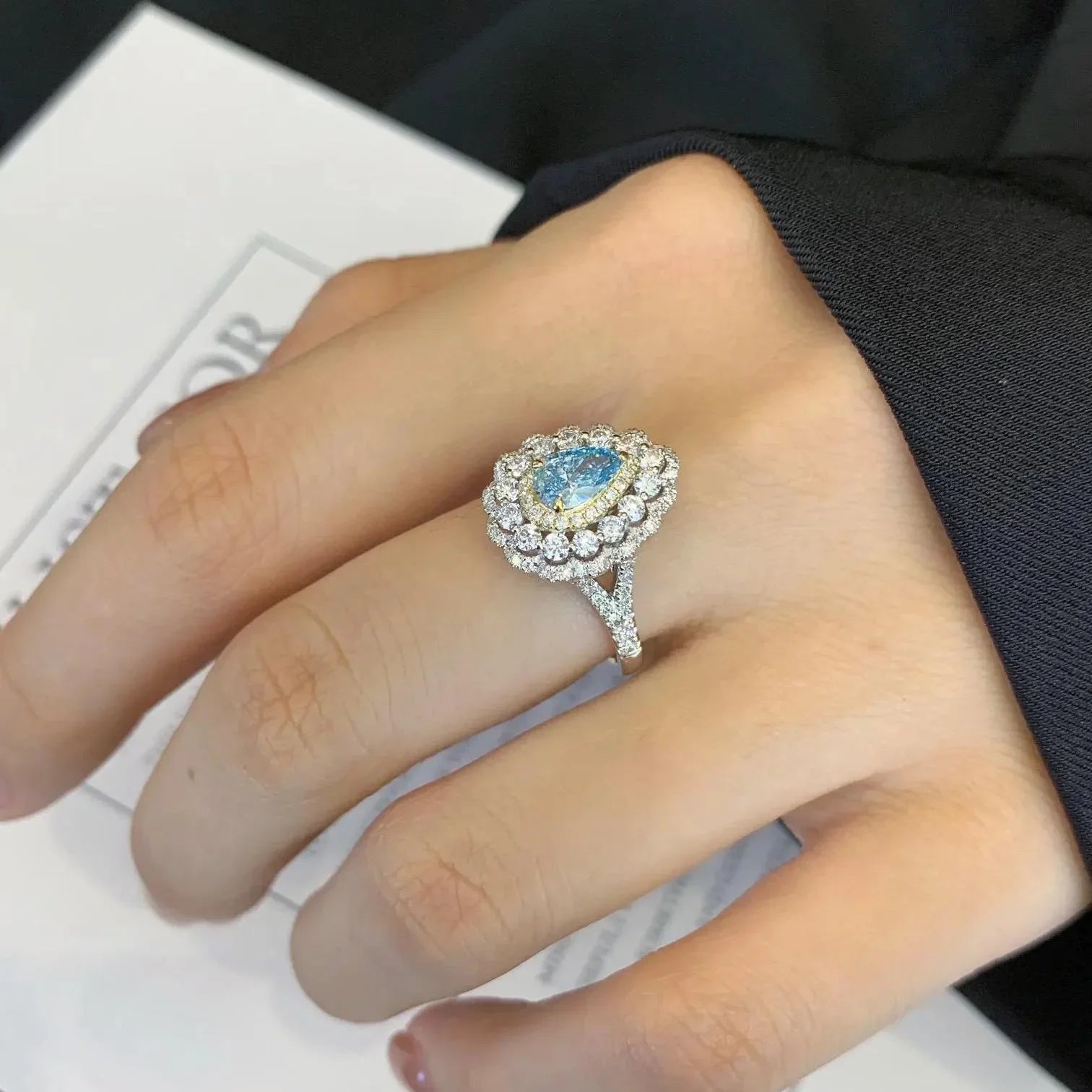 3.20 tcw pear lab grown diamond ring cathedral triple halo engagement wedding ring IGI certified bridal jewelry luxury elegant timeless design