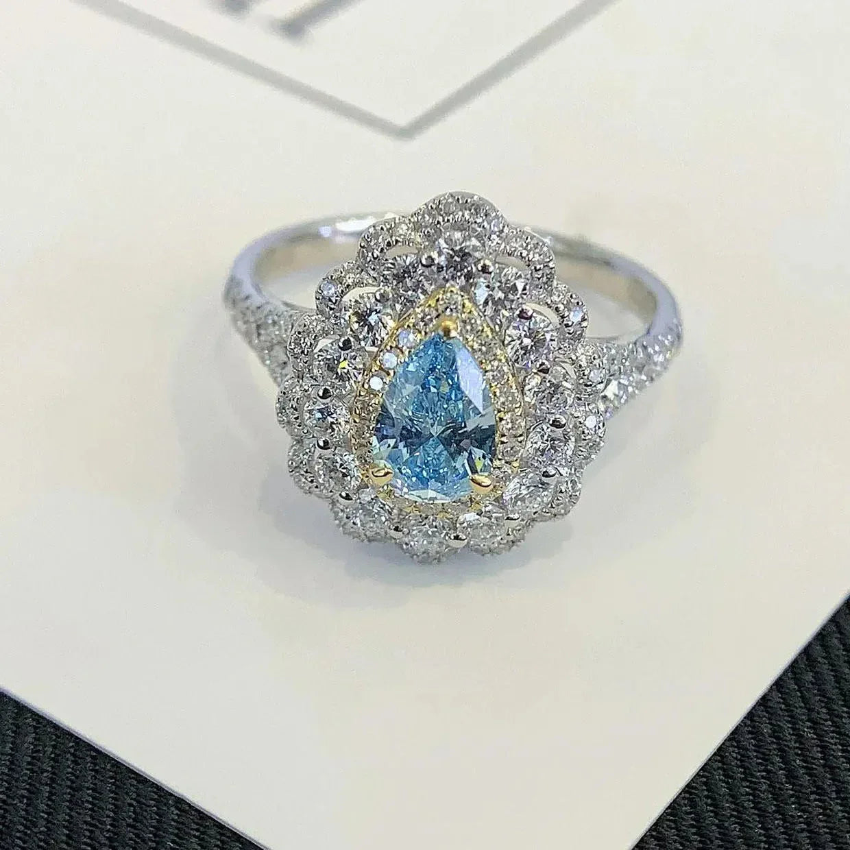 3.20 TCW Fancy Pear Lab Grown Diamond Engagement Ring | Cathedral Triple Halo Ring | IGI Certified 
